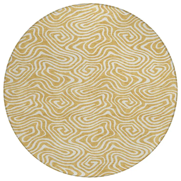 8' Gold And Ivory Round Abstract Washable Indoor Outdoor Area Rug