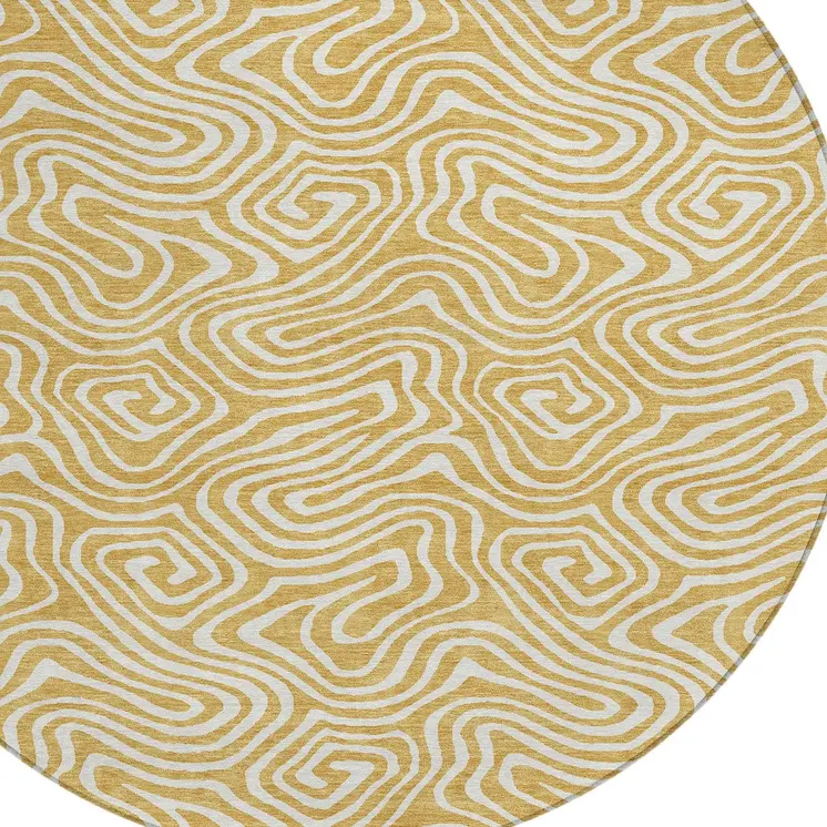 8' Gold And Ivory Round Abstract Washable Indoor Outdoor Area Rug