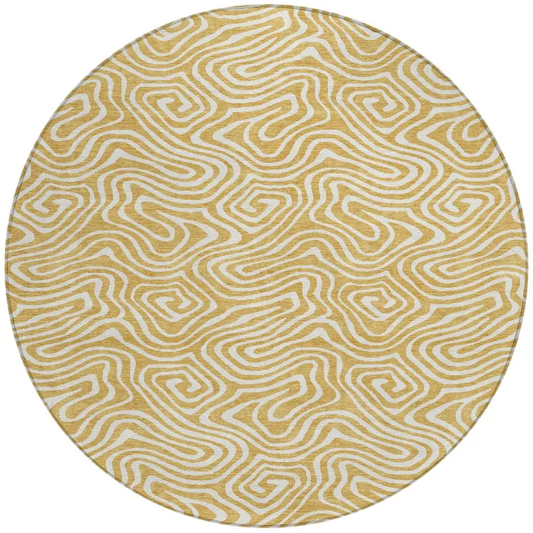 8' Gold And Ivory Round Abstract Washable Indoor Outdoor Area Rug
