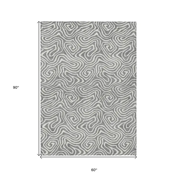 5' X 8' Gray And Ivory Abstract Washable Indoor Outdoor Area Rug