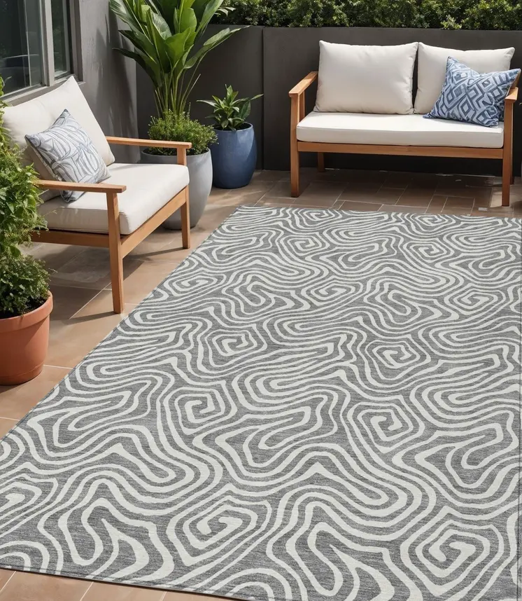 5' X 8' Gray And Ivory Abstract Washable Indoor Outdoor Area Rug