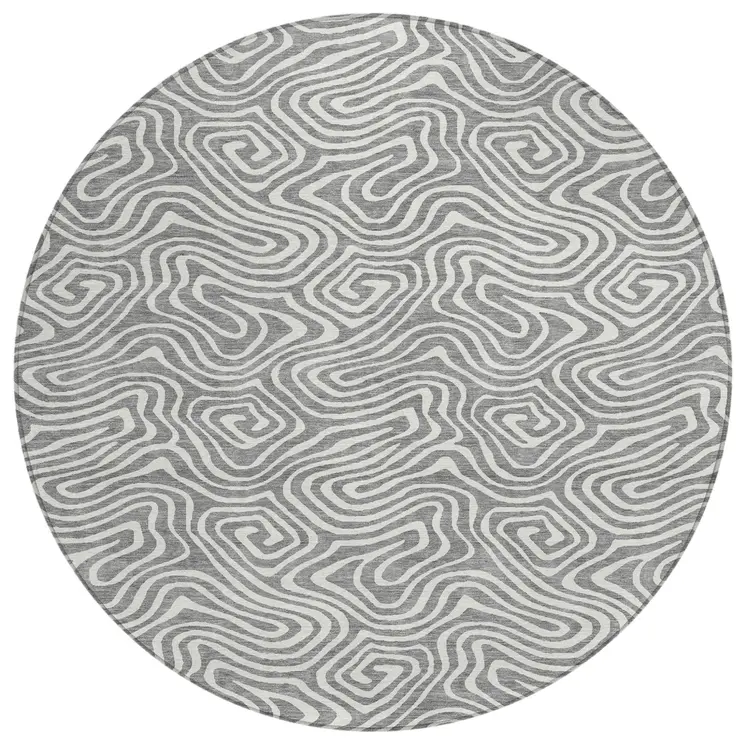 8' Gray And Ivory Round Abstract Washable Indoor Outdoor Area Rug