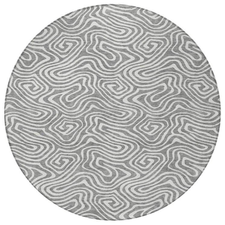 8' Gray And Ivory Round Abstract Washable Indoor Outdoor Area Rug