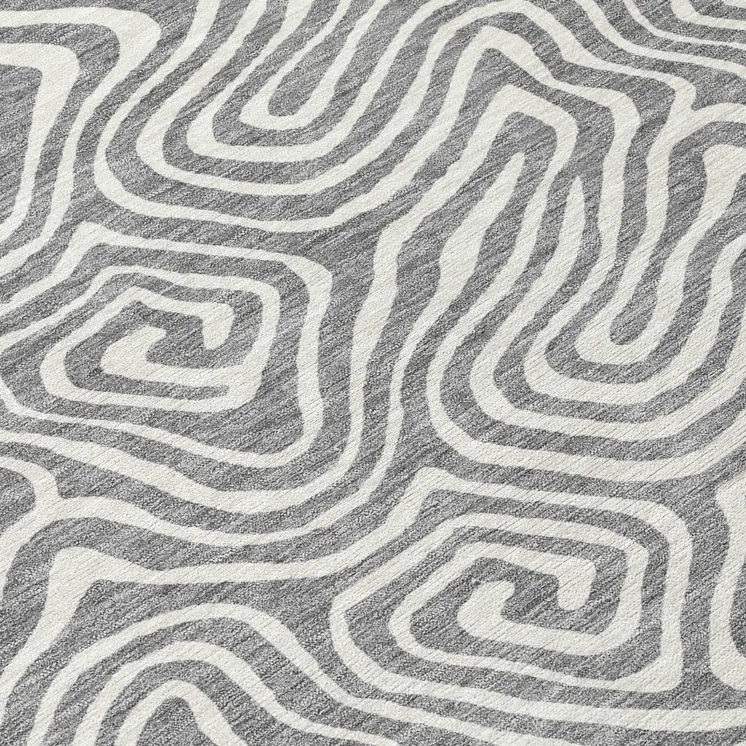8' Gray And Ivory Round Abstract Washable Indoor Outdoor Area Rug