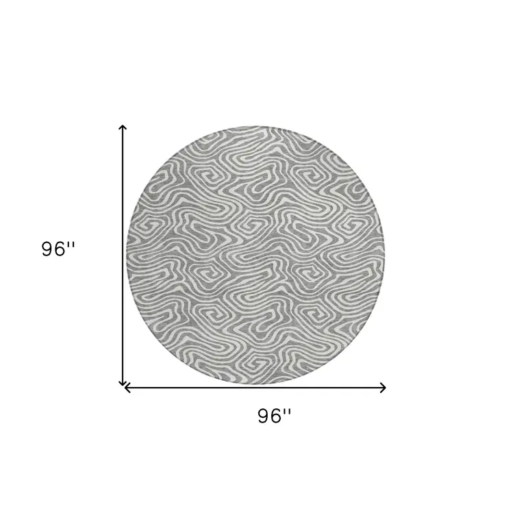 8' Gray And Ivory Round Abstract Washable Indoor Outdoor Area Rug
