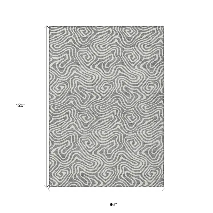 8' X 10' Gray And Ivory Abstract Washable Indoor Outdoor Area Rug