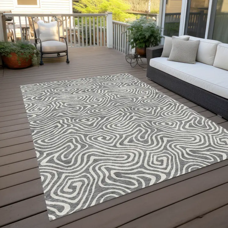 8' X 10' Gray And Ivory Abstract Washable Indoor Outdoor Area Rug