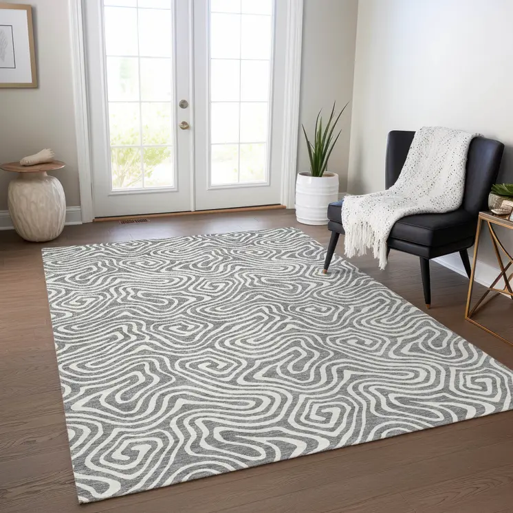 8' X 10' Gray And Ivory Abstract Washable Indoor Outdoor Area Rug