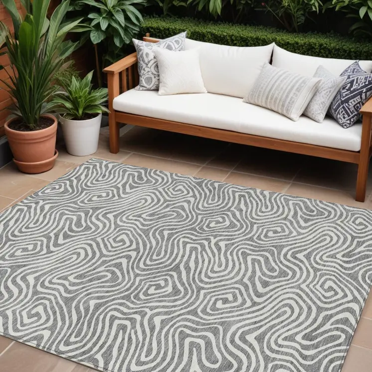9' X 12' Gray And Ivory Abstract Washable Indoor Outdoor Area Rug