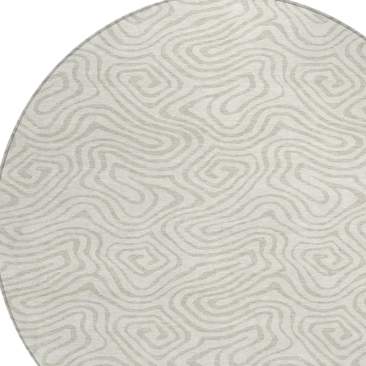 8' Ivory And Beige Round Abstract Washable Indoor Outdoor Area Rug