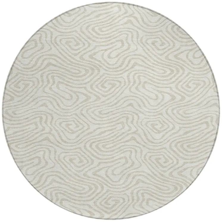8' Ivory And Beige Round Abstract Washable Indoor Outdoor Area Rug