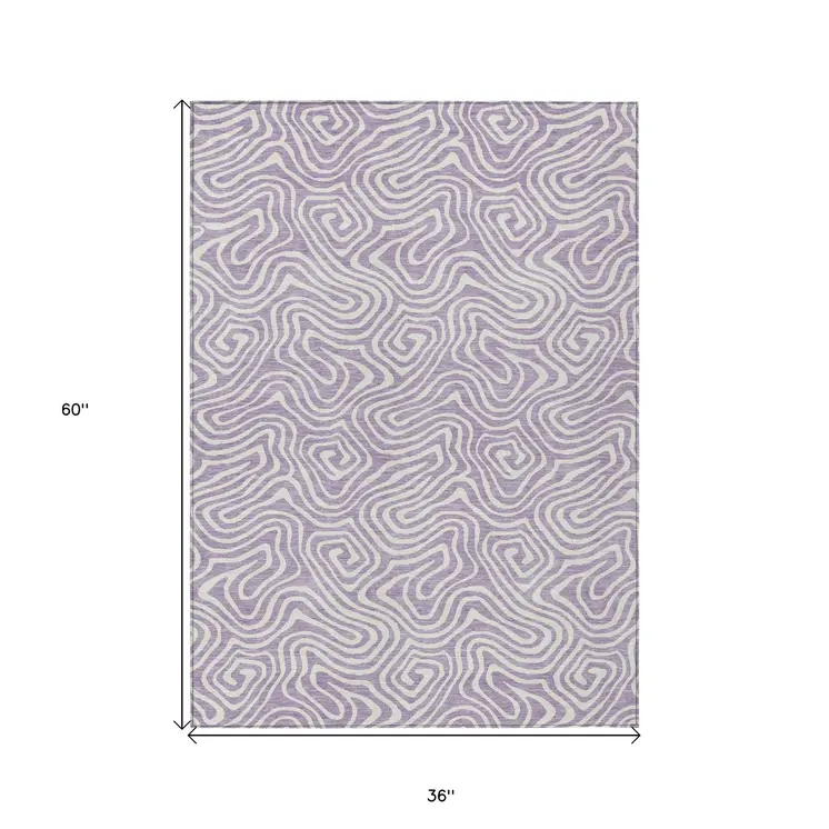 3' X 5' Lavender And Ivory Abstract Washable Indoor Outdoor Area Rug