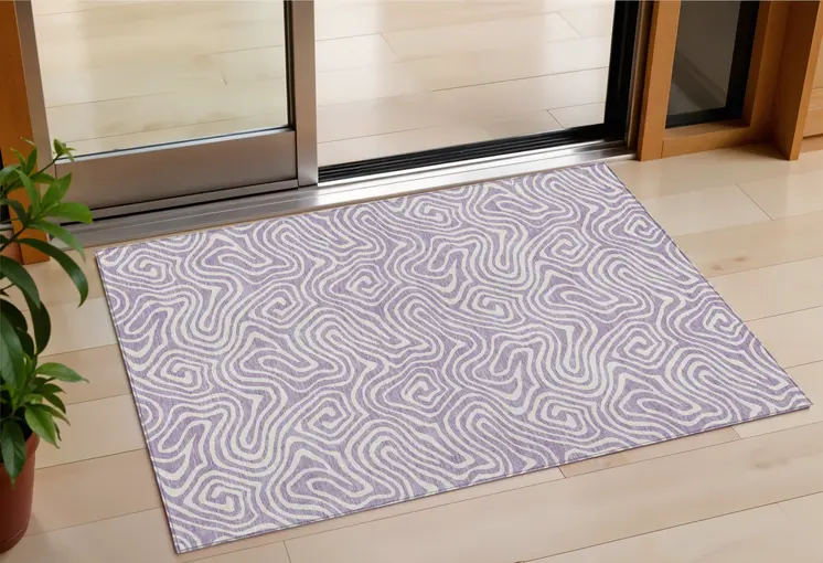 3' X 5' Lavender And Ivory Abstract Washable Indoor Outdoor Area Rug