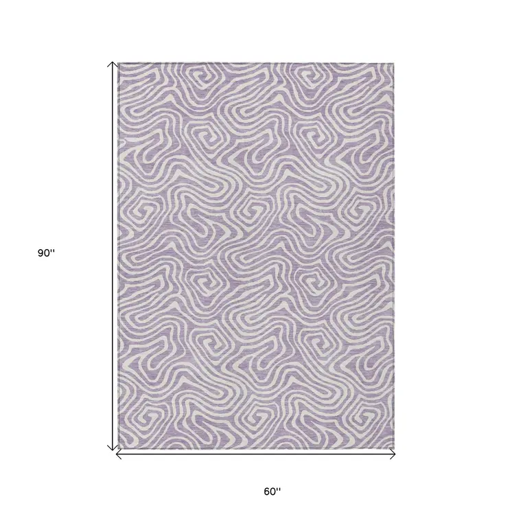 5' X 8' Lavender And Ivory Abstract Washable Indoor Outdoor Area Rug