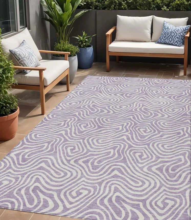 5' X 8' Lavender And Ivory Abstract Washable Indoor Outdoor Area Rug