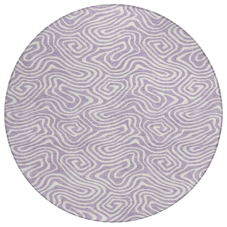 8' Lavender And Ivory Round Abstract Washable Indoor Outdoor Area Rug
