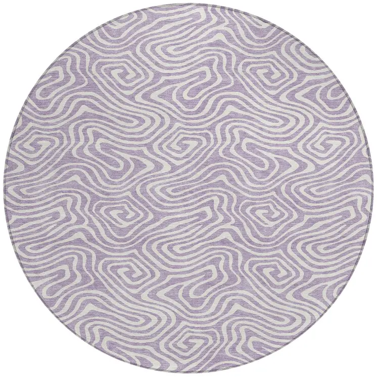 8' Lavender And Ivory Round Abstract Washable Indoor Outdoor Area Rug