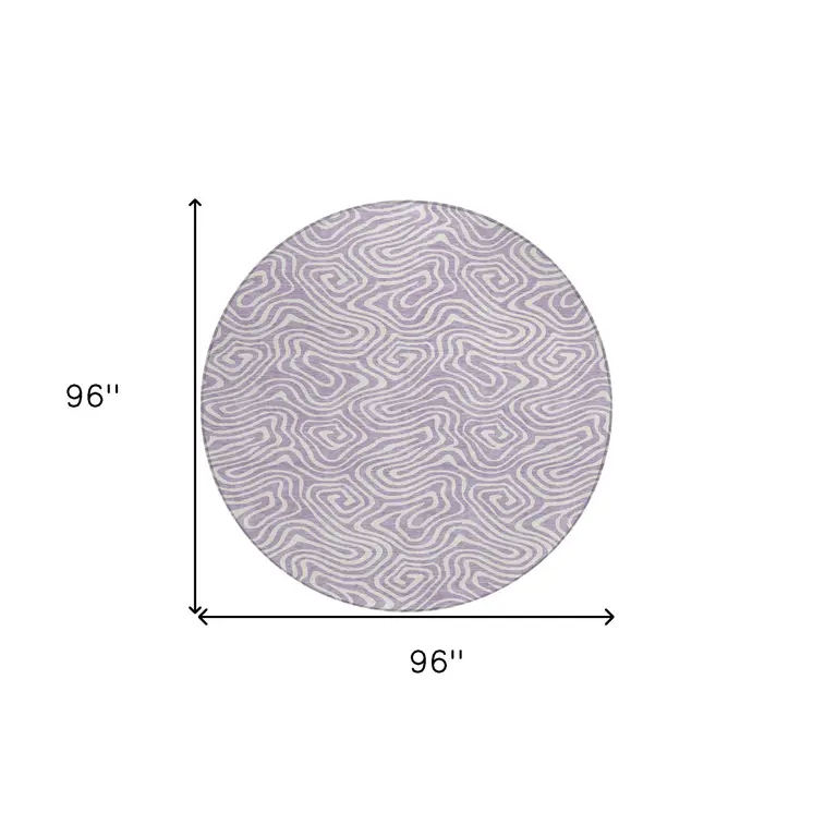 8' Lavender And Ivory Round Abstract Washable Indoor Outdoor Area Rug
