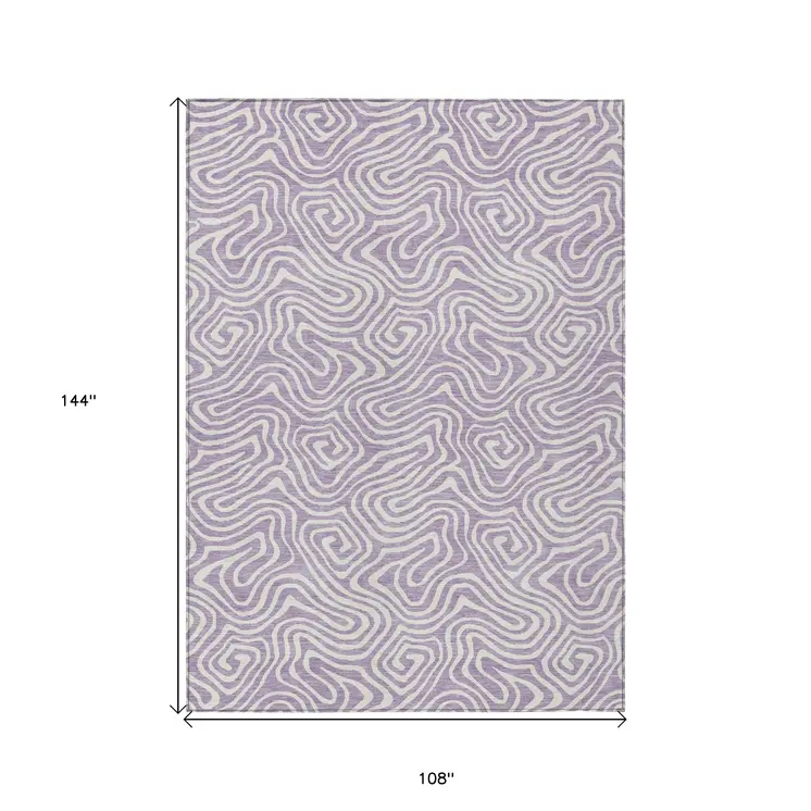 9' X 12' Lavender And Ivory Abstract Washable Indoor Outdoor Area Rug