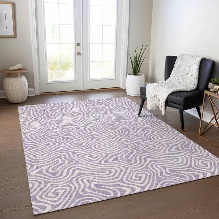 10' X 14' Lavender And Ivory Abstract Washable Indoor Outdoor Area Rug