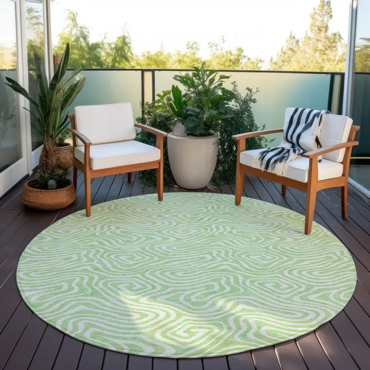 8' Mint Green And Ivory Round Abstract Washable Indoor Outdoor Area Rug