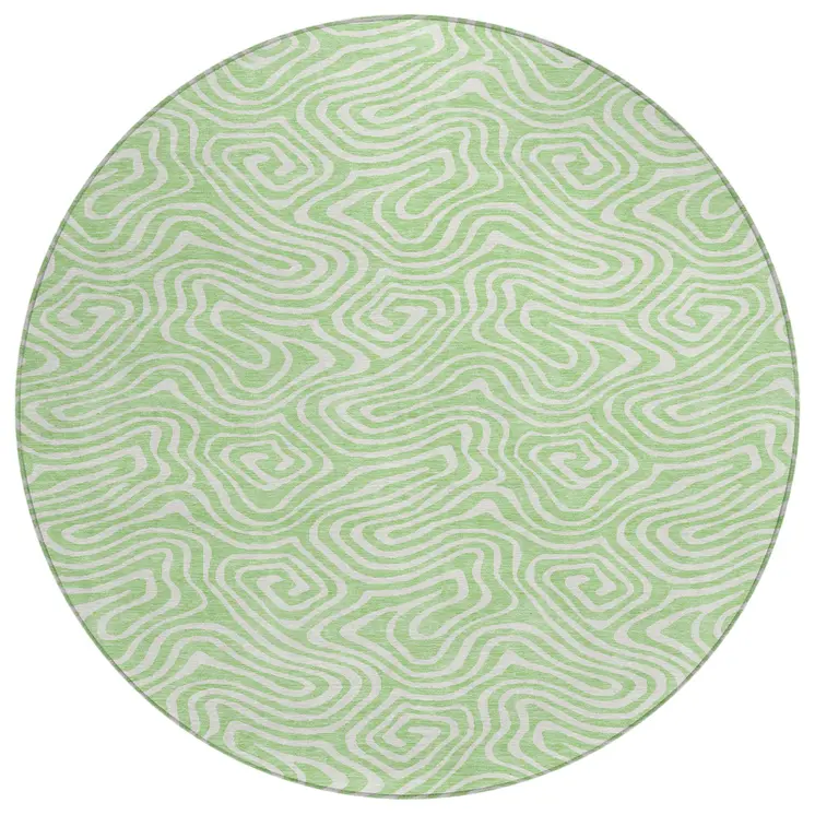 8' Mint Green And Ivory Round Abstract Washable Indoor Outdoor Area Rug