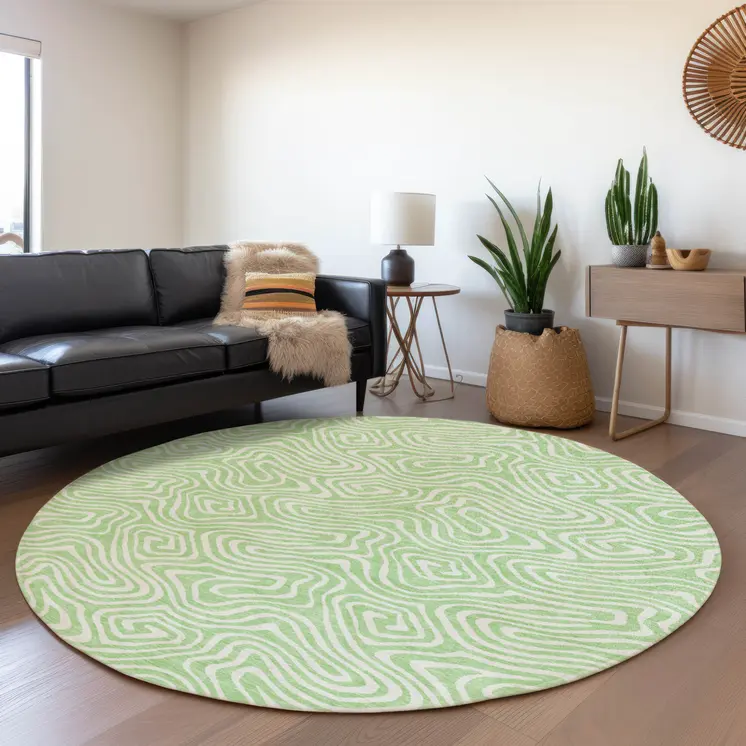8' Mint Green And Ivory Round Abstract Washable Indoor Outdoor Area Rug