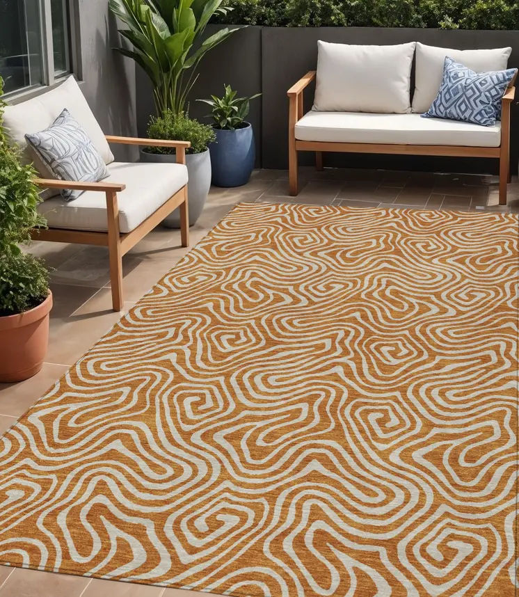 5' X 8' Copper And Beige Abstract Washable Indoor Outdoor Area Rug