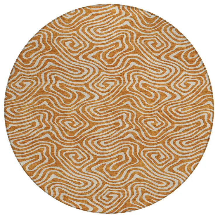 8' Copper And Beige Round Abstract Washable Indoor Outdoor Area Rug
