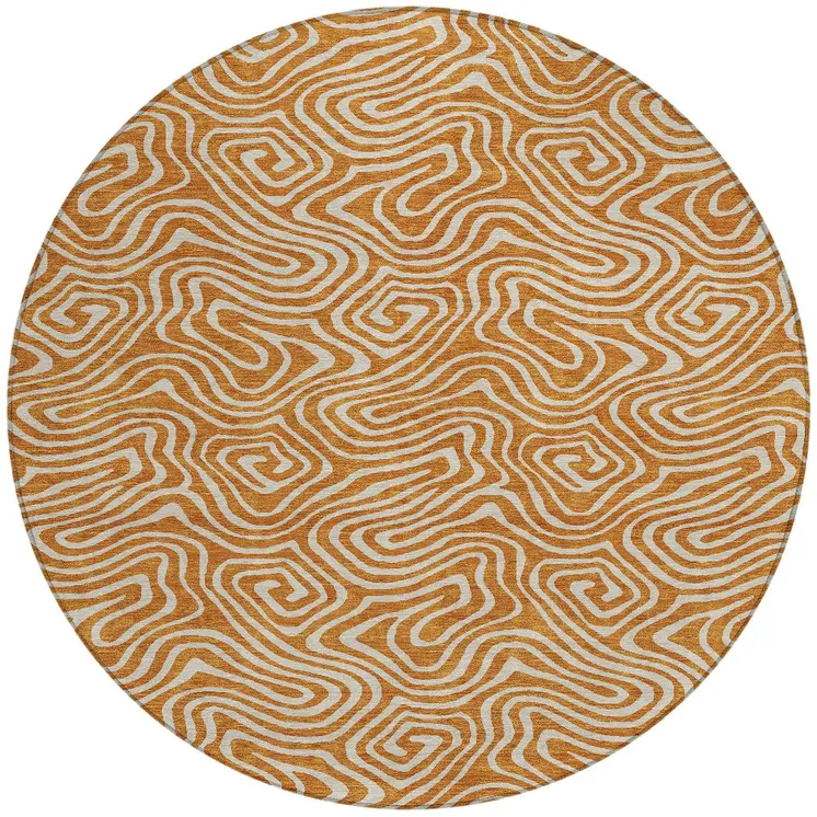 8' Copper And Beige Round Abstract Washable Indoor Outdoor Area Rug