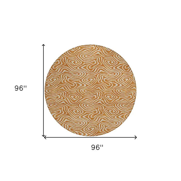 8' Copper And Beige Round Abstract Washable Indoor Outdoor Area Rug
