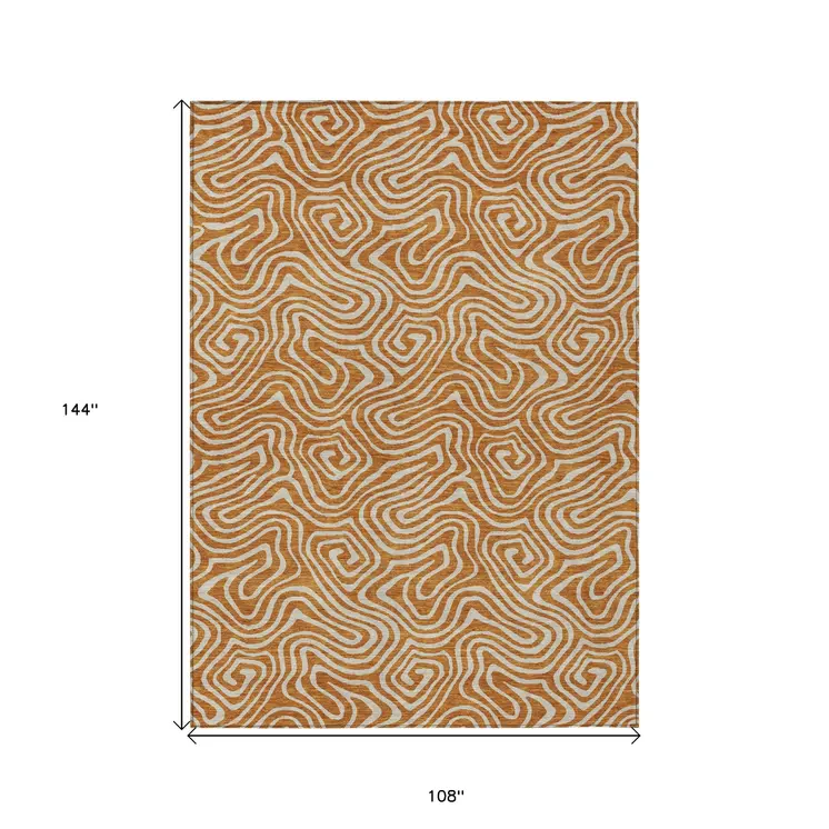 9' X 12' Copper And Beige Abstract Washable Indoor Outdoor Area Rug