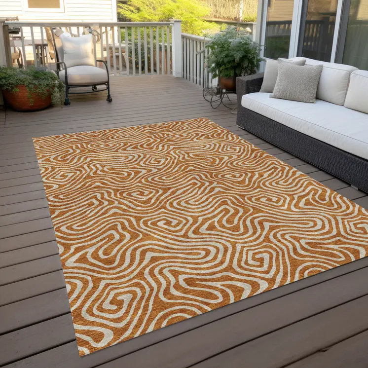 9' X 12' Copper And Beige Abstract Washable Indoor Outdoor Area Rug