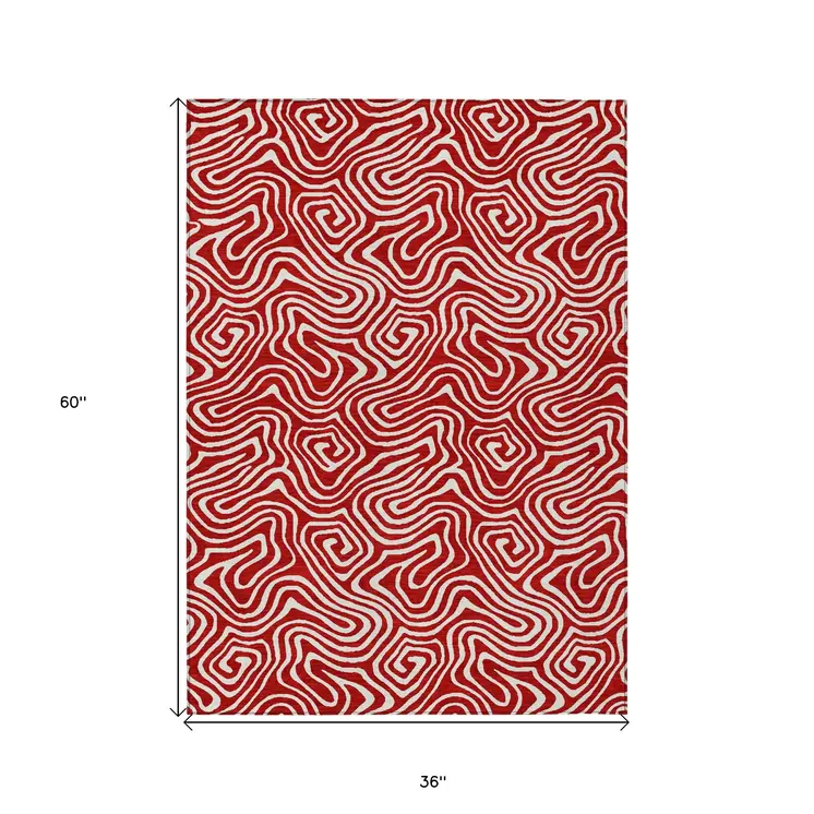 3' X 5' Red And Ivory Abstract Washable Indoor Outdoor Area Rug