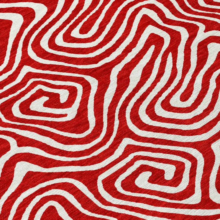 3' X 5' Red And Ivory Abstract Washable Indoor Outdoor Area Rug
