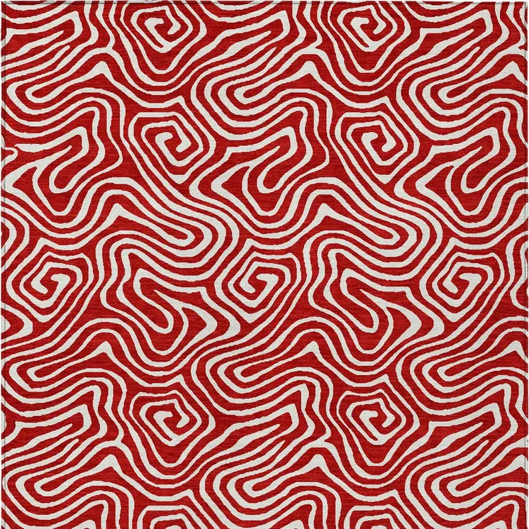 5' X 8' Red And Ivory Abstract Washable Indoor Outdoor Area Rug