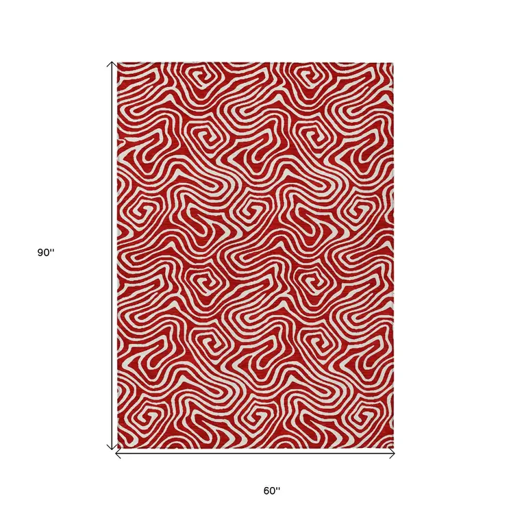 5' X 8' Red And Ivory Abstract Washable Indoor Outdoor Area Rug