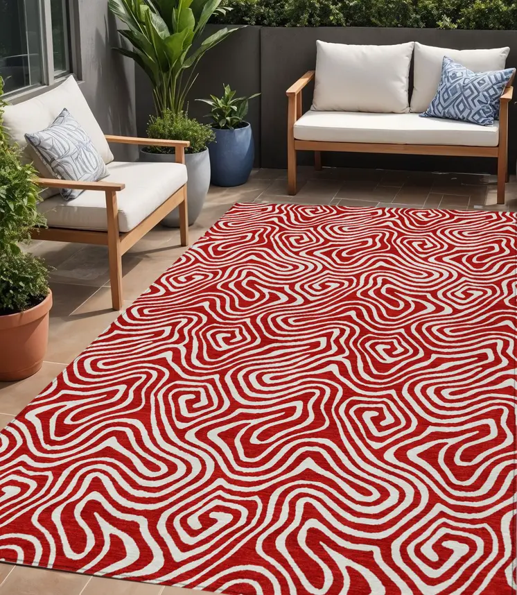 5' X 8' Red And Ivory Abstract Washable Indoor Outdoor Area Rug
