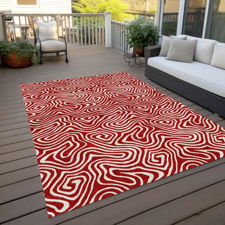 5' X 8' Red And Ivory Abstract Washable Indoor Outdoor Area Rug