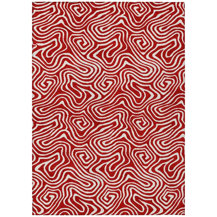 5' X 8' Red And Ivory Abstract Washable Indoor Outdoor Area Rug
