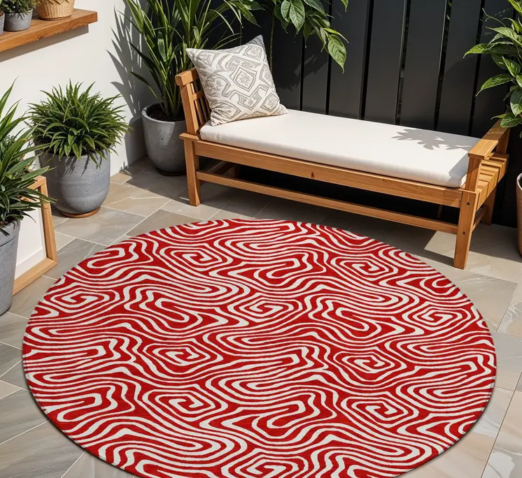 8' Red And Ivory Round Abstract Washable Indoor Outdoor Area Rug