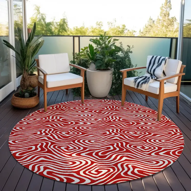 8' Red And Ivory Round Abstract Washable Indoor Outdoor Area Rug
