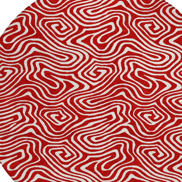 8' Red And Ivory Round Abstract Washable Indoor Outdoor Area Rug