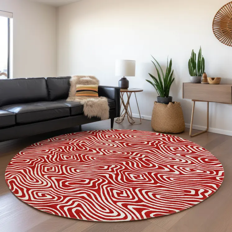 8' Red And Ivory Round Abstract Washable Indoor Outdoor Area Rug