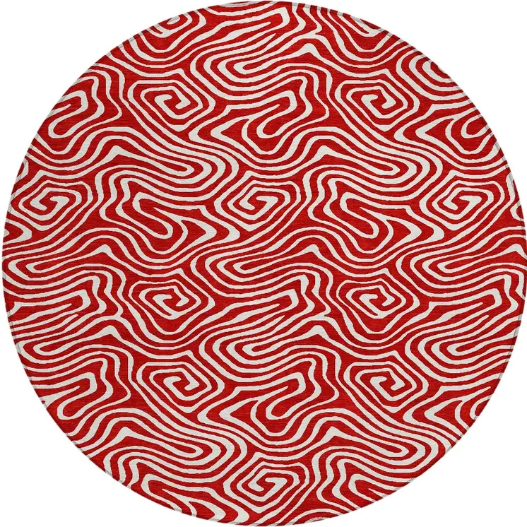 8' Red And Ivory Round Abstract Washable Indoor Outdoor Area Rug