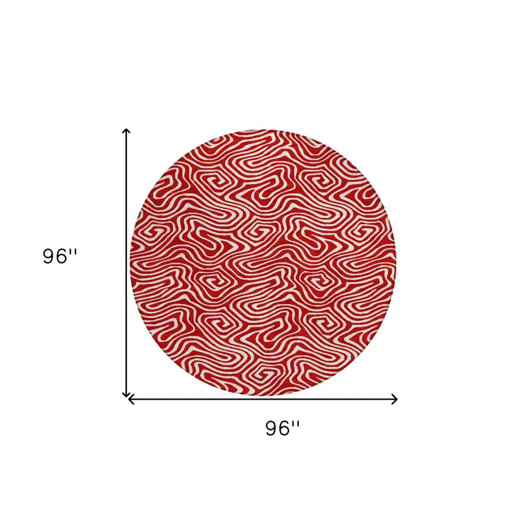 8' Red And Ivory Round Abstract Washable Indoor Outdoor Area Rug