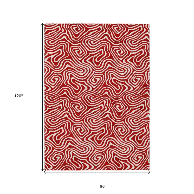 8' X 10' Red And Ivory Abstract Washable Indoor Outdoor Area Rug
