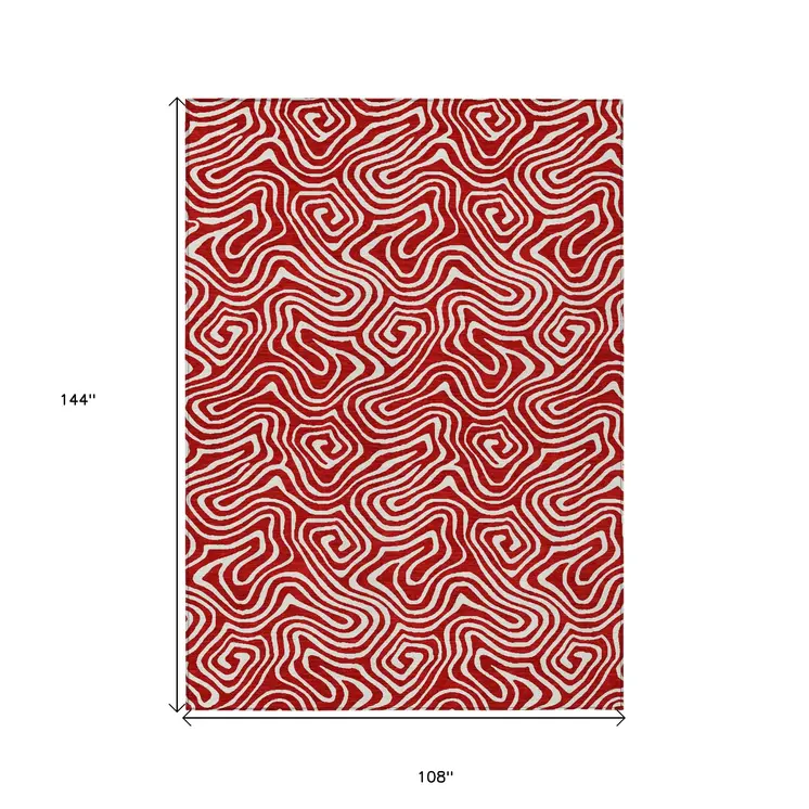 9' X 12' Red And Ivory Abstract Washable Indoor Outdoor Area Rug