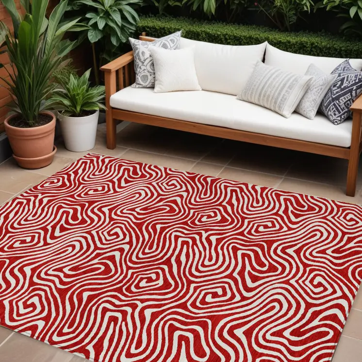 9' X 12' Red And Ivory Abstract Washable Indoor Outdoor Area Rug