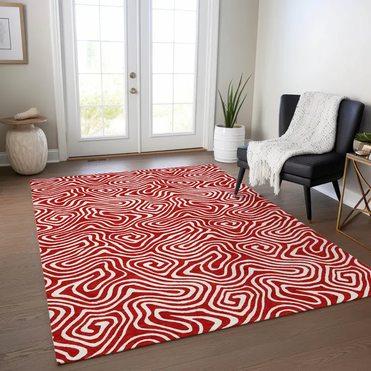 10' X 14' Red And Ivory Abstract Washable Indoor Outdoor Area Rug